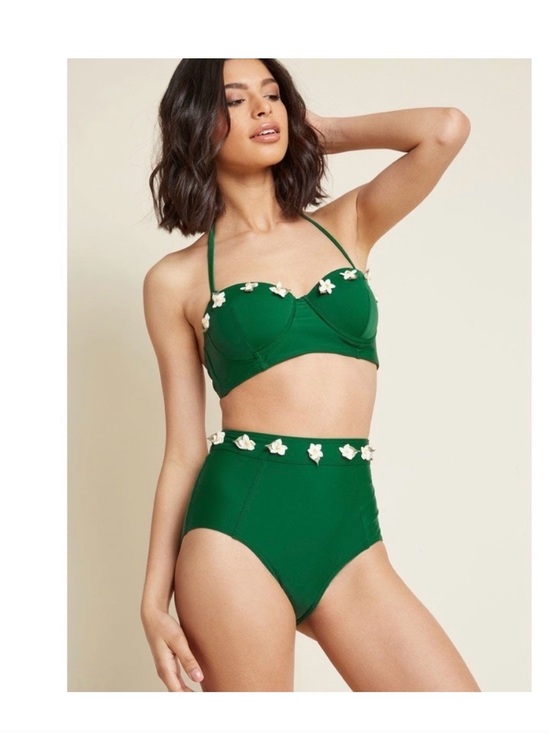 Modcloth Other - Modcloth Green High-Waist Bikini with Cream Floral Appliqués